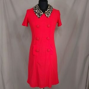 Vintage Dress Flourscent Coral Pink Leopard Collar 50s 60s Fun & Unusual ApxSz6